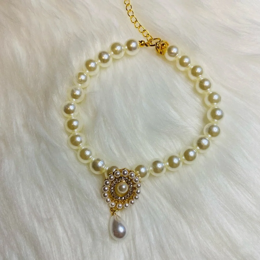 Cute Pet Dog Cat Pearl Collar Fancy Crystal Jewellery Dogs Necklace Size M